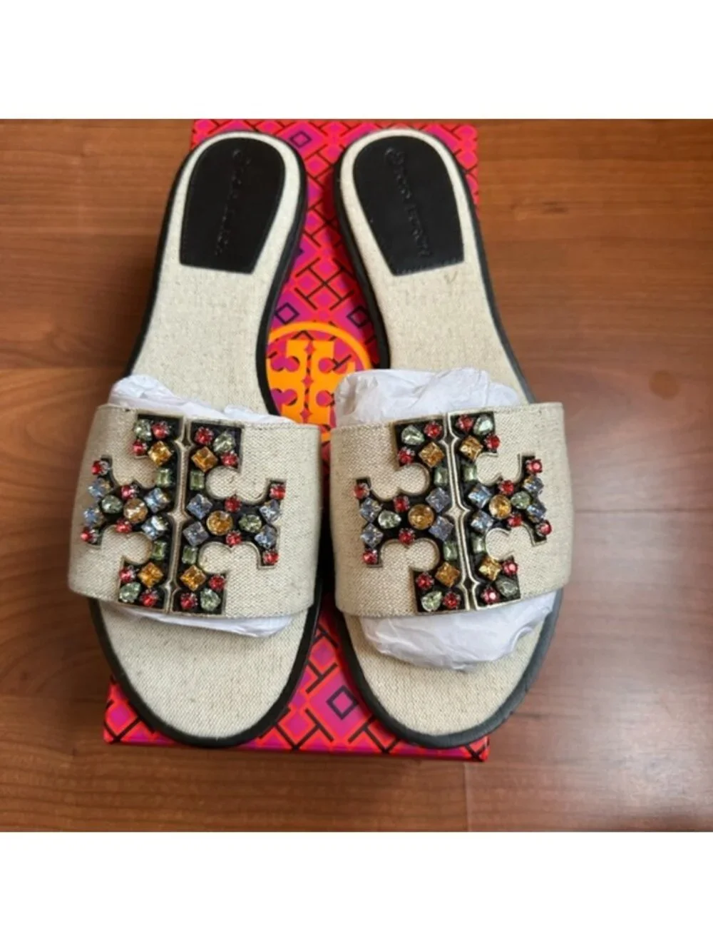 TORY BURCH Ines Embellished Linen Leather Mules 9.5 Rhinestone $300